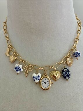 Gold Charm Necklace with Blue & White Porcelain Accents